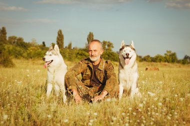 İhtiyar bir haystack onların köpekleri ile oturan sakallı yaz günbatımı keyfi.