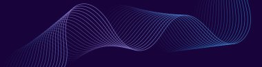 Dalga ve çizgilerle soyut bir arkaplan. Web pankartı boyutu. Afiş, poster ve el ilanları için fütüristik arka plan. Tasarım için vektör ögesi koyu mavi üzerinde izole edildi. Mor ve mavi eğim