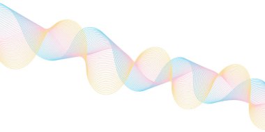 Çizgiler ve dalgalarla soyut bir arkaplan. Orta boy pankart. Tasarım için vektör ögesi beyazda izole edildi. Broşür, kart ve poster için minimalist bir geçmiş. Renkli bir eğilim. Sarı, pembe, mavi