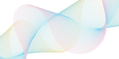 Çizgiler ve dalgalarla soyut bir arkaplan. Orta boy pankart. Tasarım için vektör ögesi beyazda izole edildi. Broşür, kart ve poster için minimalist bir geçmiş. Renkli bir eğilim. Sarı, pembe, mavi