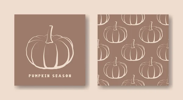Pumpkin Season Card Seamless Pattern Minimalist Style Vegetables Hand Drawn — Stock Vector