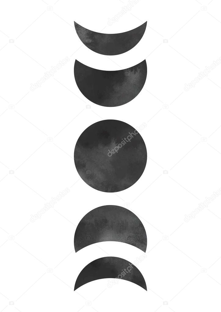 Moon phases art poster. Watercolor lunar print. Nature space illustration.