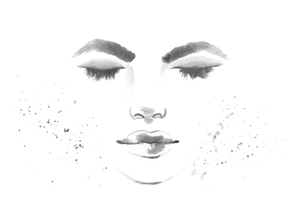 Mujer Retrato Cara Acuarela Arte Femenino Pintado Mano Ilustración Vectorial — Vector de stock