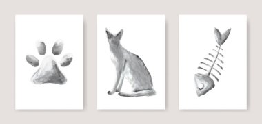 Balık ve pati suluboya seti olan bir kedi. Elle boyanmış hayvan izi. Vektör sanatı illüstrasyonu.