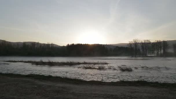 Die Morgendämmerung am Fluss mit Nebel — Stockvideo