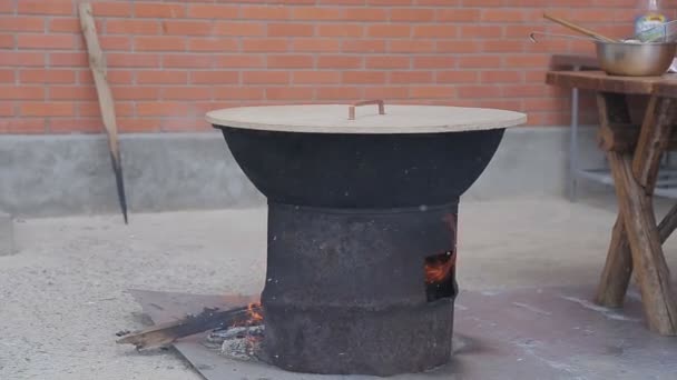 Palivové dříví pro kotel na venku — Stock video