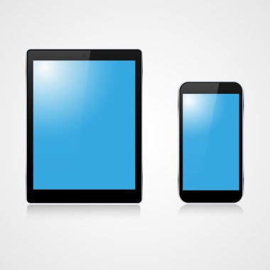 Gerçekçi telefon ve tablet olayları üzerinde gri bir arka plan ile. Telefon ve tablet gölgeler ile
