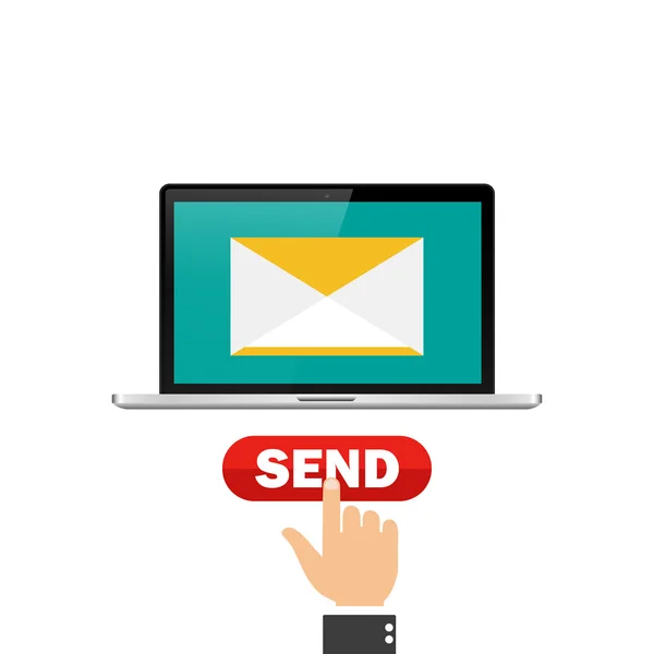 Laptop send message. The hand presses the send message — Stock Vector