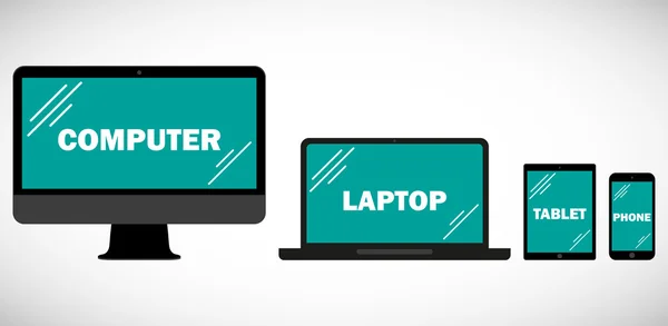 Bilgisayar monitörleri, dizüstü bilgisayar, tablet ve cep telefonu beyaz arka plan üzerinde izole ayarlayın. Elektronik gadget'lar web- bilgisayar ekranı, akıllı telefon, tablet simgeleri seti için duyarlı tasarım