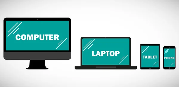 Computermonitore, Laptop, Tablet und Handy isoliert auf weißem Hintergrund. Elektronik-Gadgets Responsive Design für Web-Computer-Bildschirm, Smartphone, Tablet-Symbole gesetzt — Stockvektor