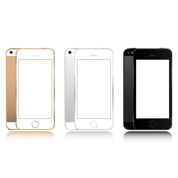 Conjunto realista de oro, plata y negro teléfono inteligente color modelo de teléfono aislado sobre fondo blanco. Para elemento web y maqueta de aplicación — Archivo Imágenes Vectoriales