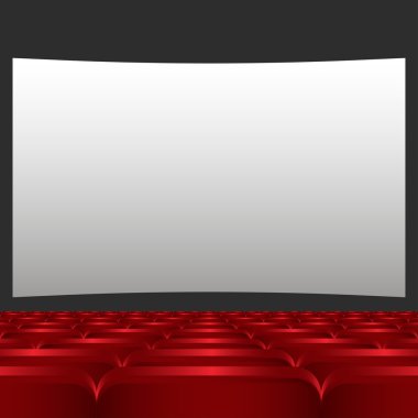 Satırları kırmızı sinema ya da tiyatro koltuk beyaz boş ekran önünde. Kırmızı sandalye veya sandalye sinema illüstrasyon vektör