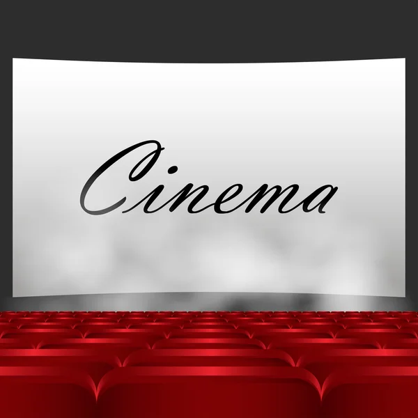 Rows of red cinema or theater seats in front of white blank screen. Red chairs or chairs in the cinema. In the text of a movie screen, below the smoke comes vector illustration — Stock Vector