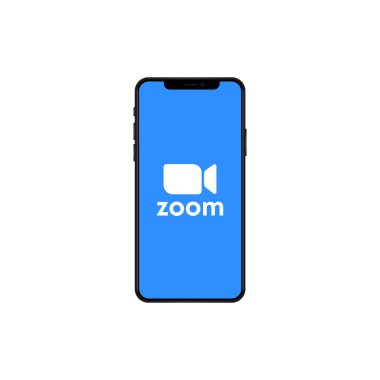 iPhone 12 profesyonel ekranında zoom arayüzü logosu. Editör vektörü. Kyiv, Ukrayna - 6 Mayıs 2021