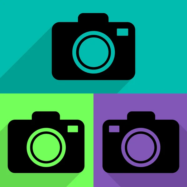 Definir ícone de câmera. Ícone preto em fundo azul, verde e roxo. Com sombra — Vetor de Stock
