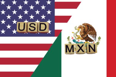 Amerikan ve Meksika para birimi kodları ulusal bayraklar üzerinde. USD ve MXN para birimleri