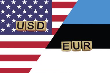 Amerikan ve Estonya para birimi kodları ulusal bayraklar üzerinde. USD ve EUR para birimleri