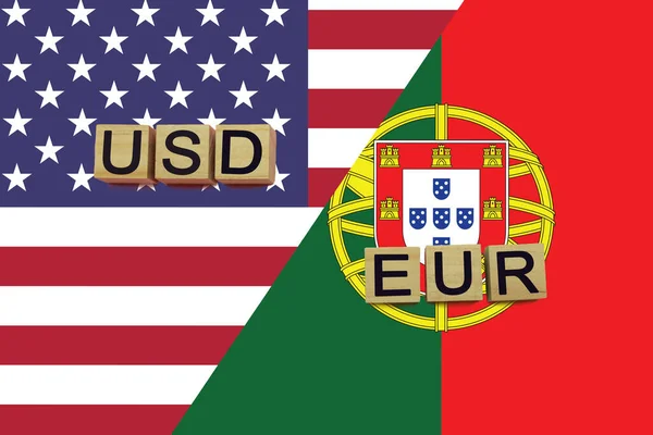 Códigos Moedas Americanas Portuguesas Bandeiras Nacionais Fundo Usd Eur Moedas — Fotografia de Stock