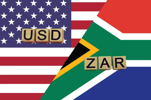 American and South Africa currencies codes on national flags background. USD and ZAR currencies