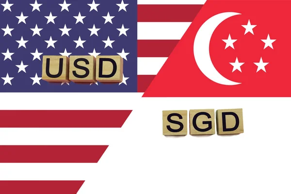 国旗を背景にしたアメリカ シンガポールの通貨コード 米ドルとSgd通貨 — ストック写真