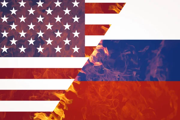 Usa Russia National Flags Fire War Conflict Concept — Stock Photo, Image