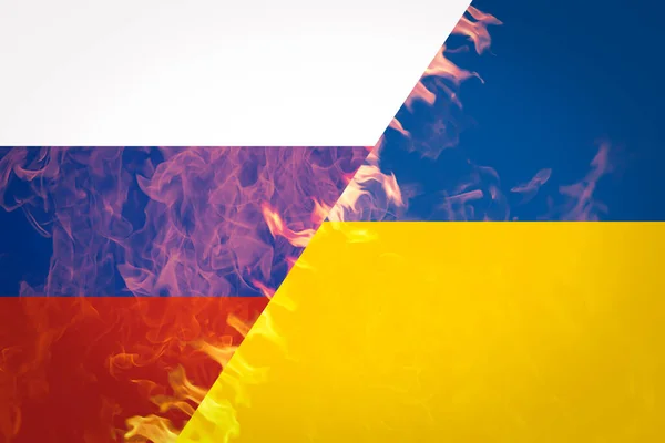 Russia Ukraine National Flags Fire War Conflict Concept — Stock Photo, Image
