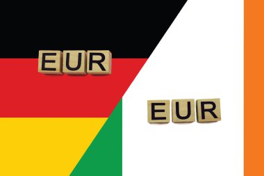 Almanya ve İrlanda para birimi kodları ulusal bayraklar üzerinde. Uluslararası para transferi kavramı