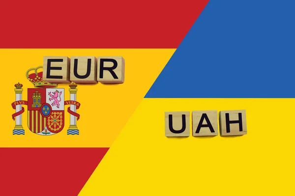 España Ucrania Códigos Monedas Banderas Nacionales Fondo Concepto Internacional Transferencia — Foto de Stock