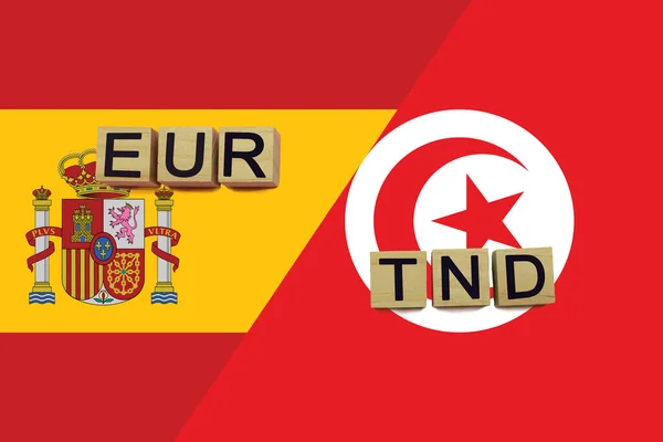 España Túnez Códigos Monedas Banderas Nacionales Fondo Concepto Internacional Transferencia — Foto de Stock