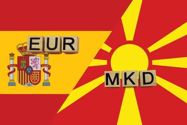 España Macedonia Códigos Monedas Banderas Nacionales Fondo Concepto Internacional Transferencia — Foto de Stock