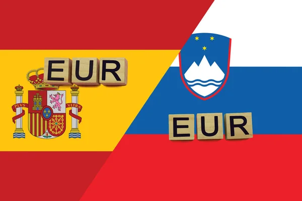 España Eslovenia Códigos Monedas Banderas Nacionales Fondo Concepto Internacional Transferencia — Foto de Stock