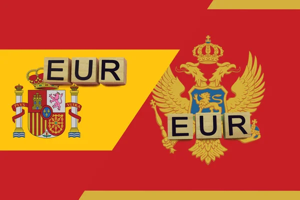 España Montenegro Códigos Monedas Banderas Nacionales Fondo Concepto Internacional Transferencia — Foto de Stock