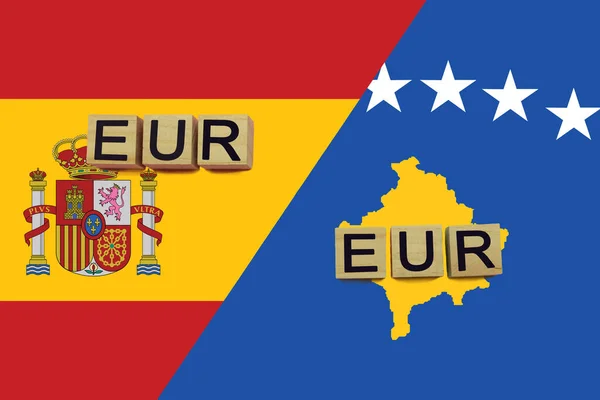 España Kosovo Códigos Monedas Banderas Nacionales Fondo Concepto Internacional Transferencia — Foto de Stock