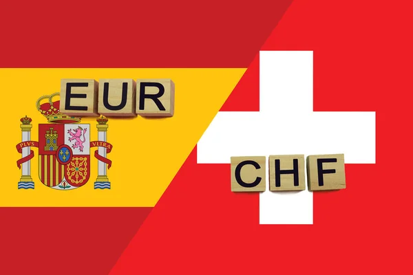 España Suiza Códigos Monedas Banderas Nacionales Fondo Concepto Internacional Transferencia — Foto de Stock