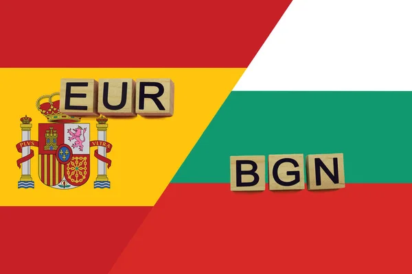España Bulgaria Códigos Monedas Banderas Nacionales Fondo Concepto Internacional Transferencia — Foto de Stock