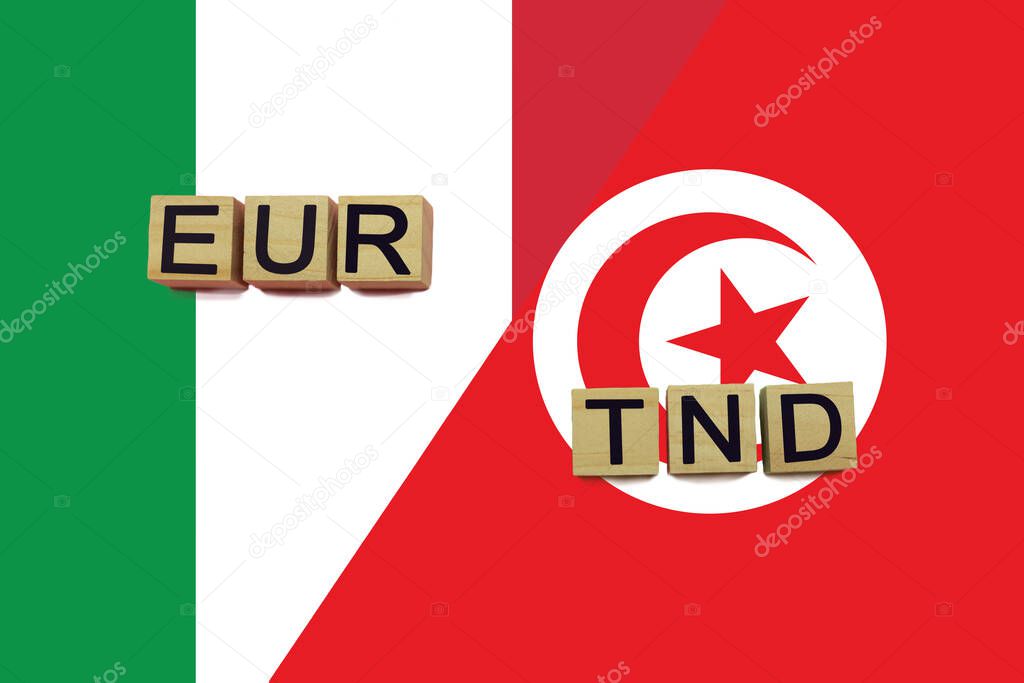 Italy and Tunisia currencies codes on national flags background. International money transfer concept