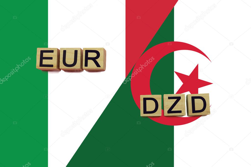 Italy and Algeria currencies codes on national flags background. International money transfer concept