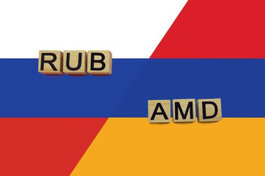 Rusya ve Ermenistan para birimi kodları ulusal bayraklar üzerinde. Uluslararası para transferi kavramı