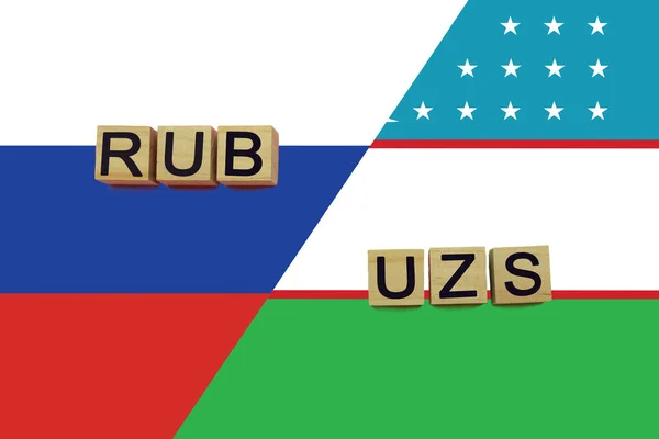 Russia Uzbekistan Currencies Codes National Flags Background International Money Transfer — Stock Photo, Image