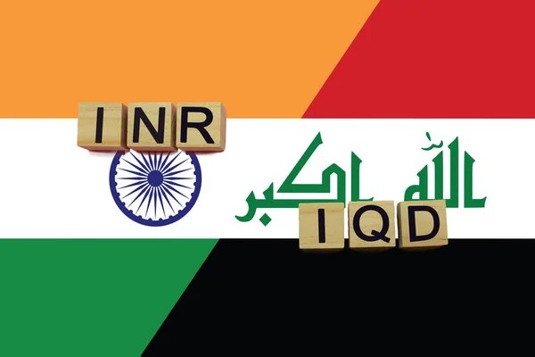 India and Iraq currencies codes on national flags background. International money transfer concept