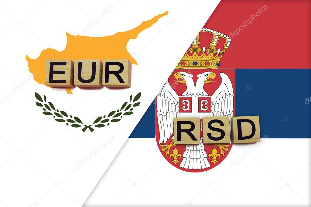 Cyprus and Serbia currencies codes on national flags background. International money transfer concept