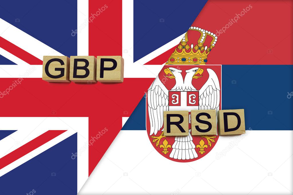United Kingdom and Serbia currencies codes on national flags background. International money transfer concept