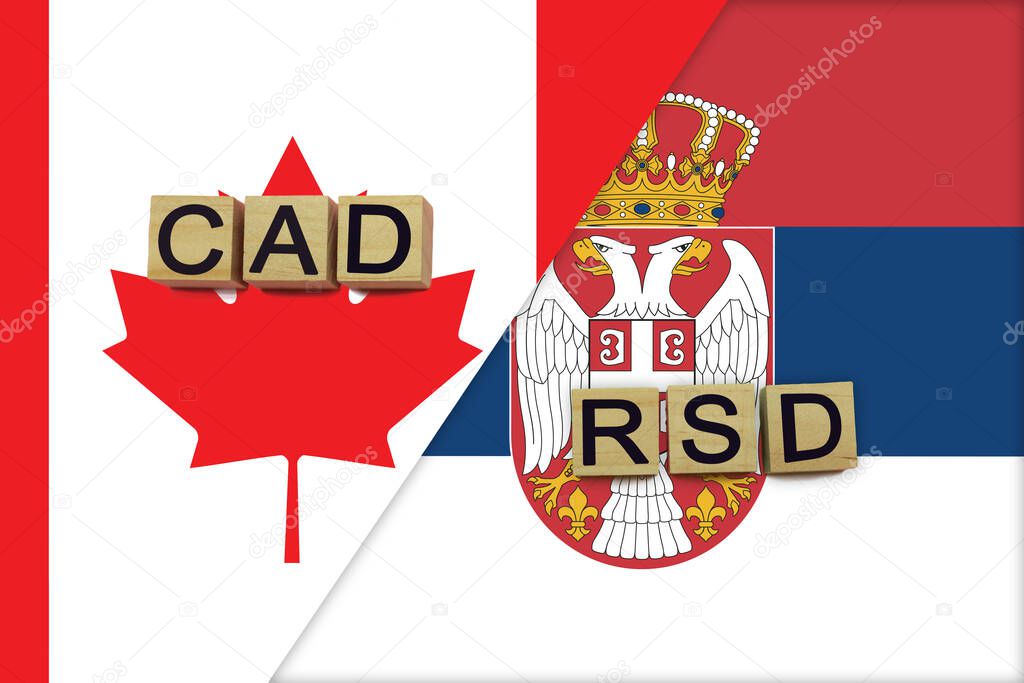 Canada and Serbia currencies codes on national flags background. International money transfer concept