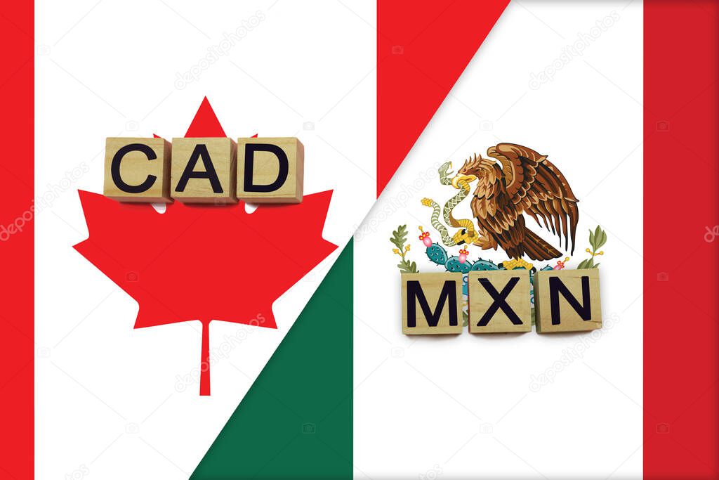 Canada and Mexico currencies codes on national flags background. International money transfer concept