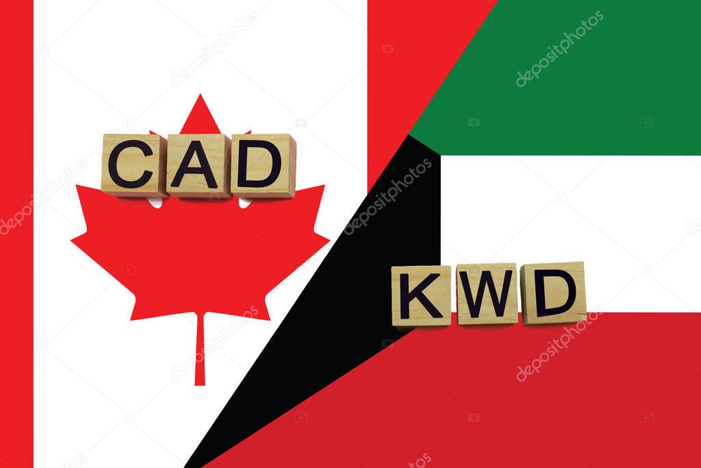 Canada and Kuwait currencies codes on national flags background. International money transfer concept
