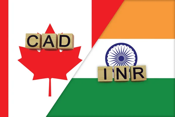 Canada and India currencies codes on national flags background. International money transfer concept