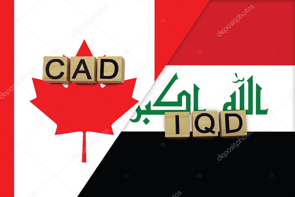 Canada and Iraq currencies codes on national flags background. International money transfer concept