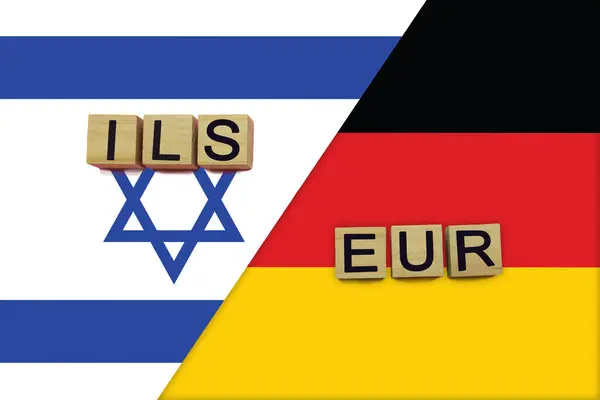 Israel and Germany currencies codes on national flags background. International money transfer concept