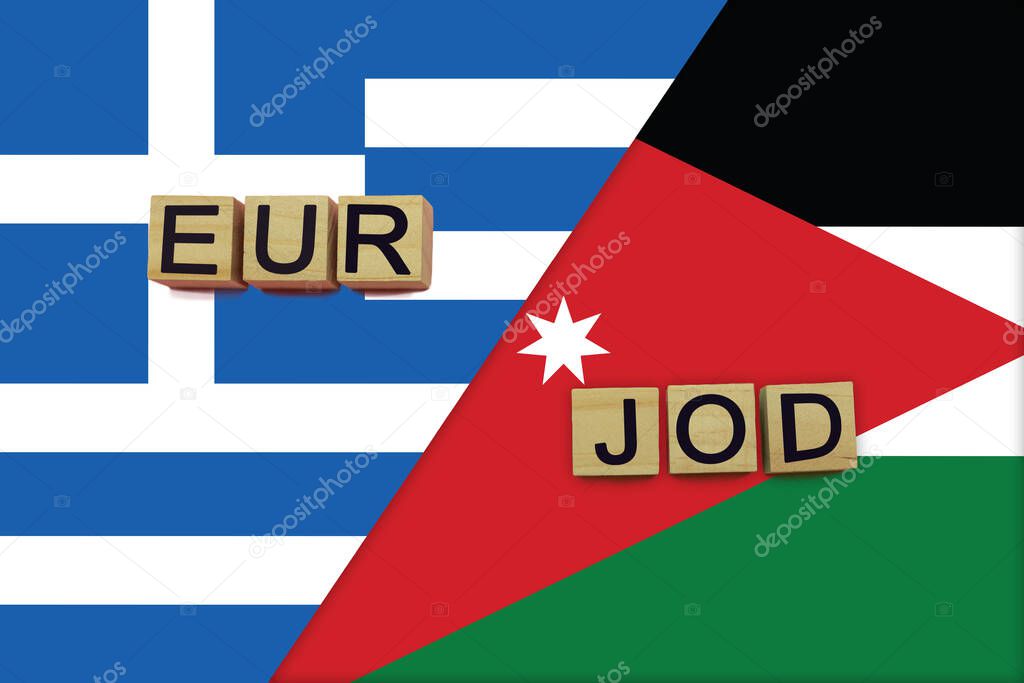 Greece and Jordan currencies codes on national flags background. International money transfer concept