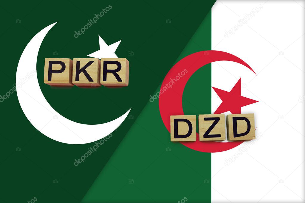 Pakistan and Algeria currencies codes on national flags background. International money transfer concept